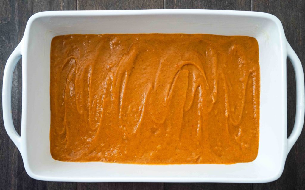 Gluten-free pumpkin squares batter in baking dish