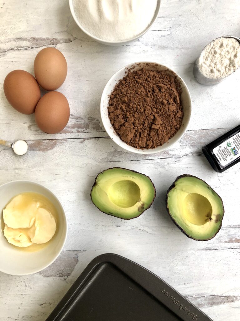 Overhead picture of all the ingredient needed to make the avocado brownies