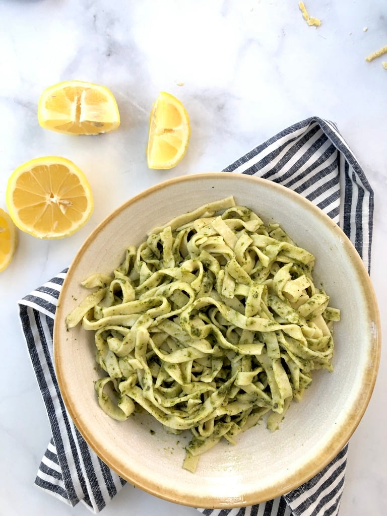 Bowl of homemade gluten-free pasta with pesto sauce