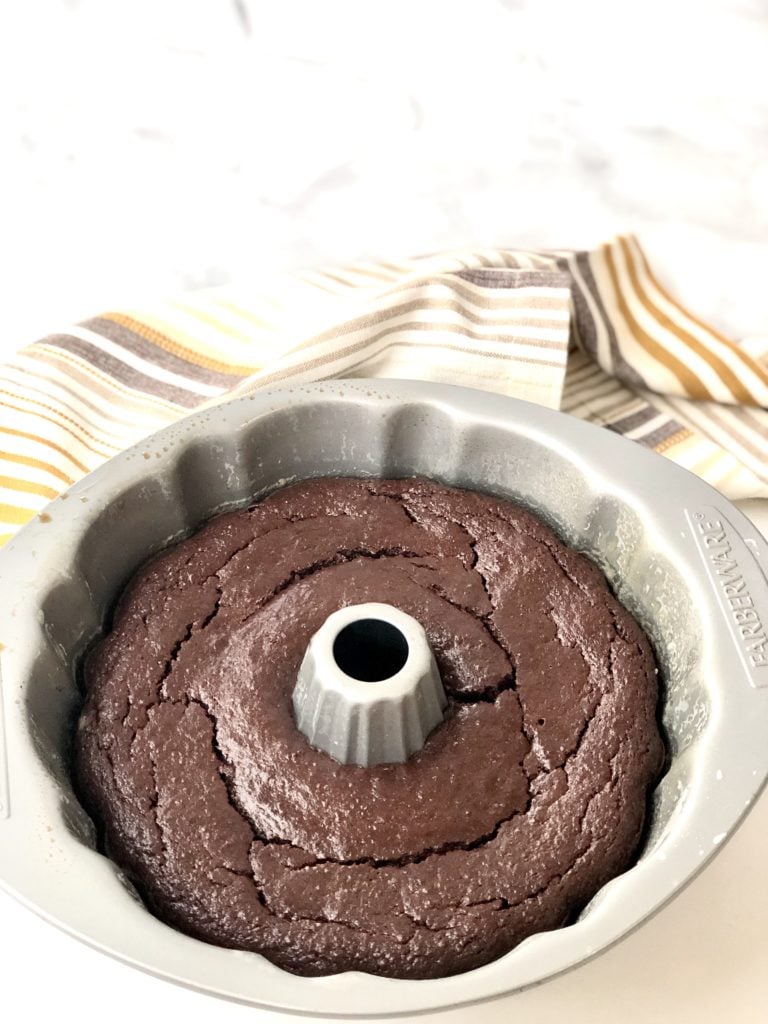 baked chocolate quinoa cake inside a bundt pan