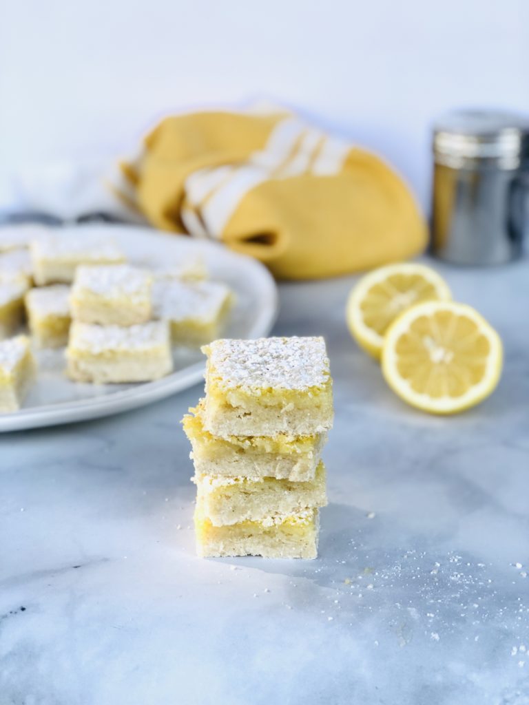 Final shot of stacked gluten-free lemon bars