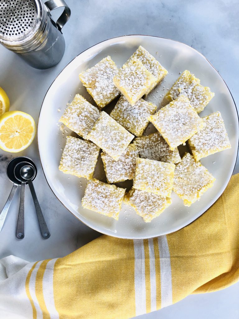 Overhead picture of a plate full of gluten-free lemon bars