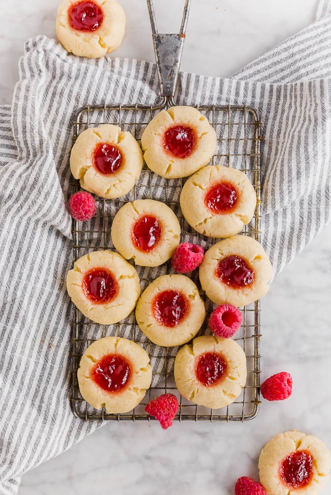 tray of raspberry thumbprint cookies