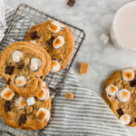 Gluten-Free S'mores Cookie header - overhead shot of cookies with milk