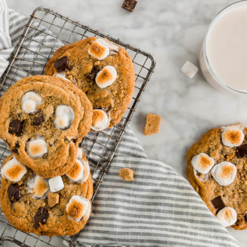Gluten-Free S'mores Cookie header - overhead shot of cookies with milk