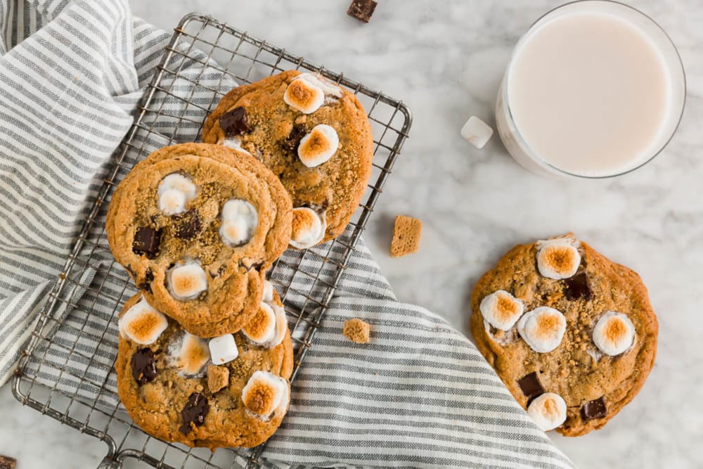 Gluten-Free S'mores Cookie header - overhead shot of cookies with milk