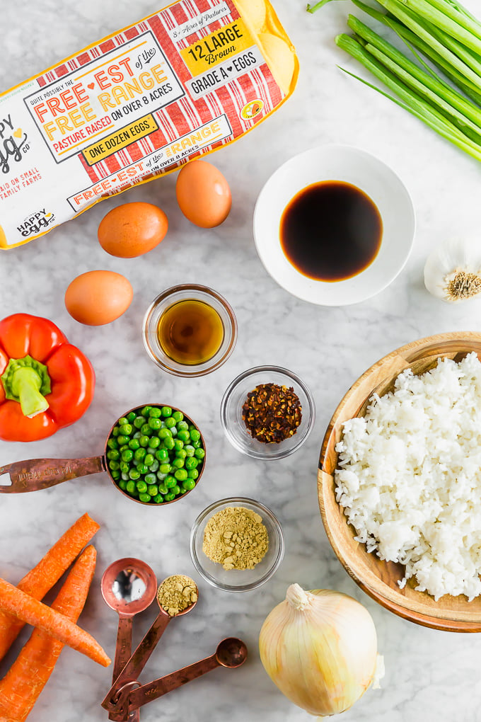a layout of all the ingredients needed to make gluten-free egg fried rice