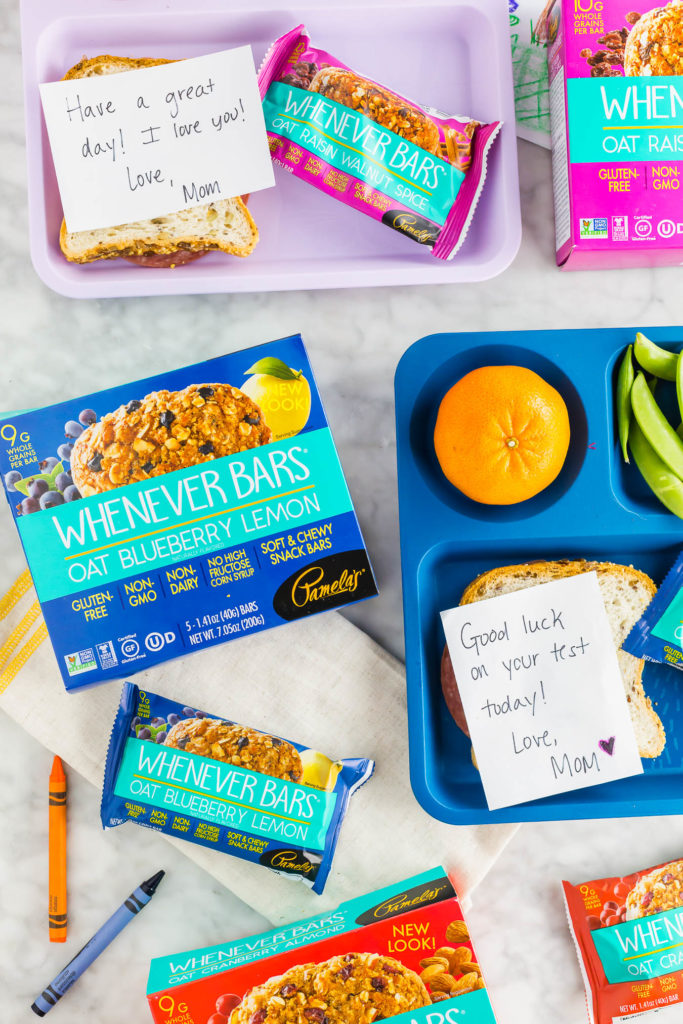 back to school lunch box with whenever bars from pamela's