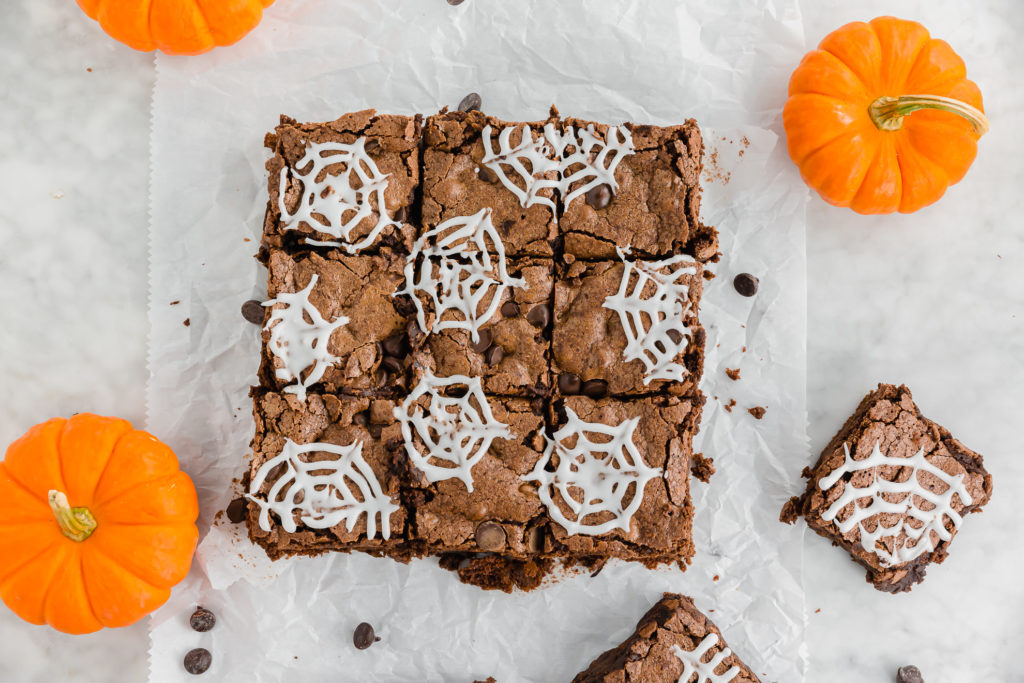 gluten-free Double Chocolate brownies with spider webs