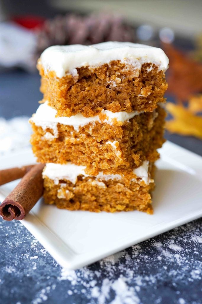 Gluten-Free pumpkin squares with cream cheese frosting stacked photo