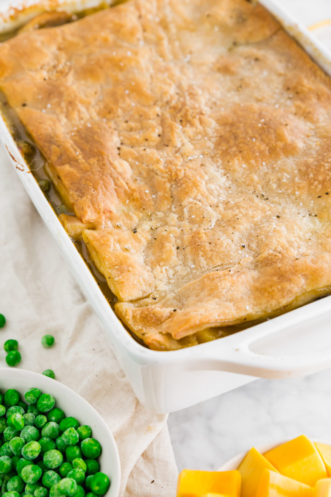 final baked dairy-free and gluten-free chicken pot pie in a casserole dish