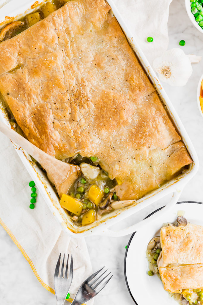 dairy-free and gluten-Free chicken pot pie overhead image with slice taken out of casserole dish