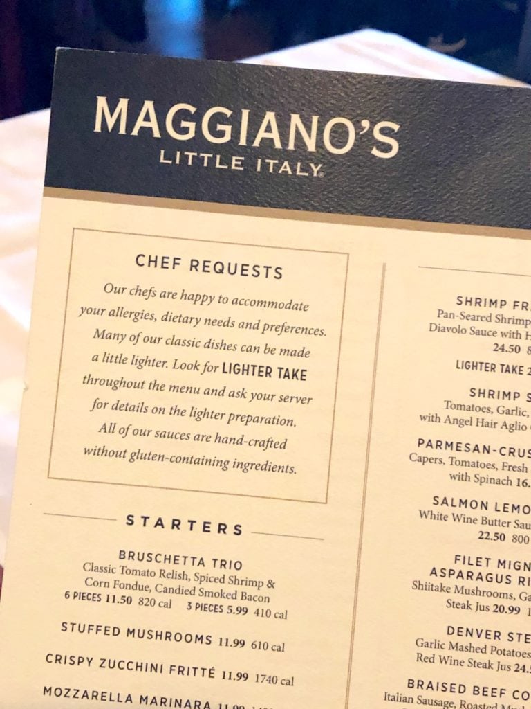 Maggiano's gluten-free menu chef requests