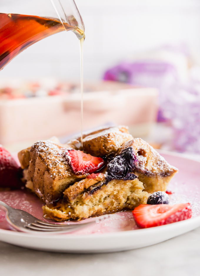 Pouring maple syrup over gluten-free french toast casserole