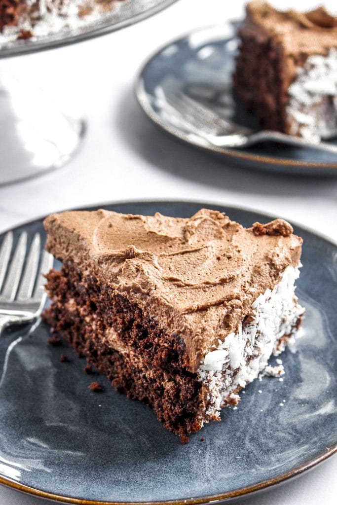 Photo of a sliced of chocolate quinoa cake with frosting. Recipe by Life After Wheat