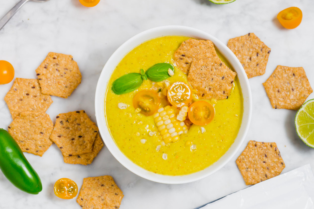 Upclose picture of summer corn gazpacho soup in a bowl - header image