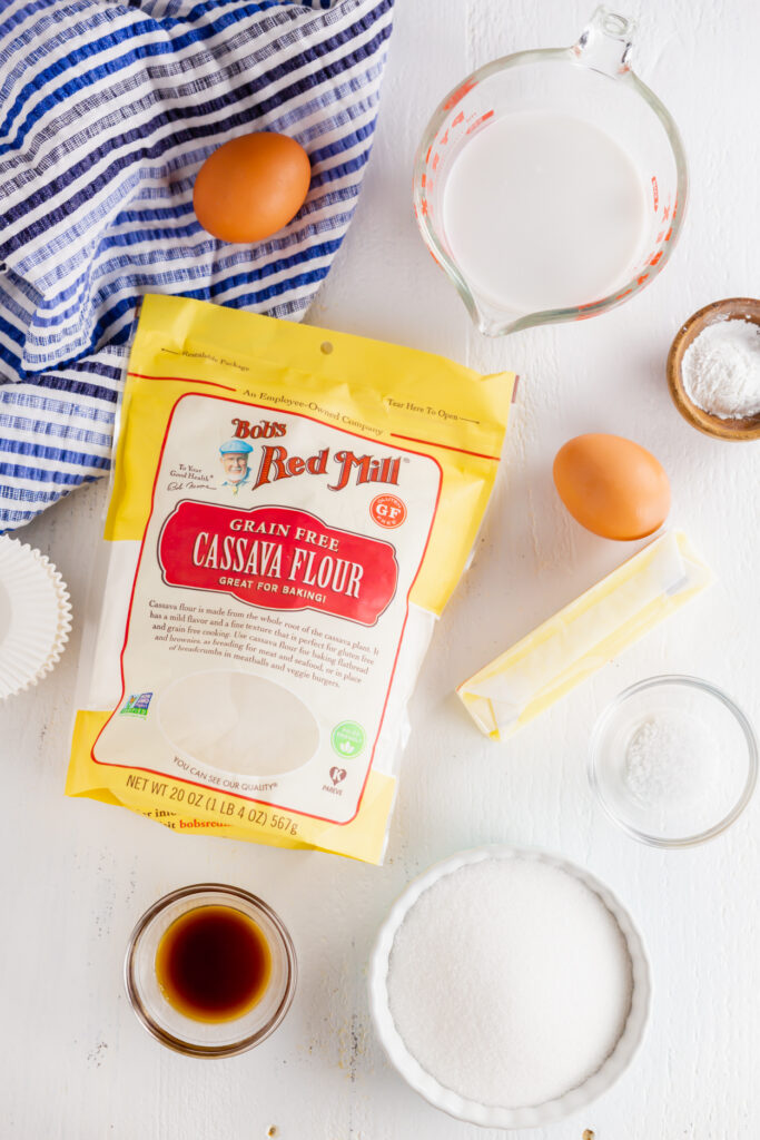 Picture of Bob's Red Mill Cassava Flour bag surrounded by an egg, milk, butter and other ingredients.