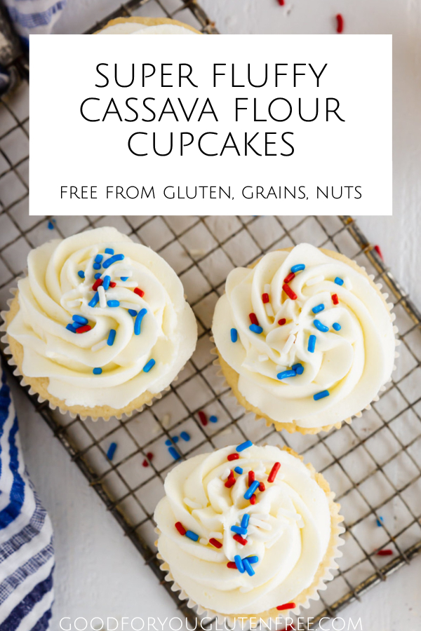 Pin image that shows the frosted yellow cupcakes with red and blue sprinkles.