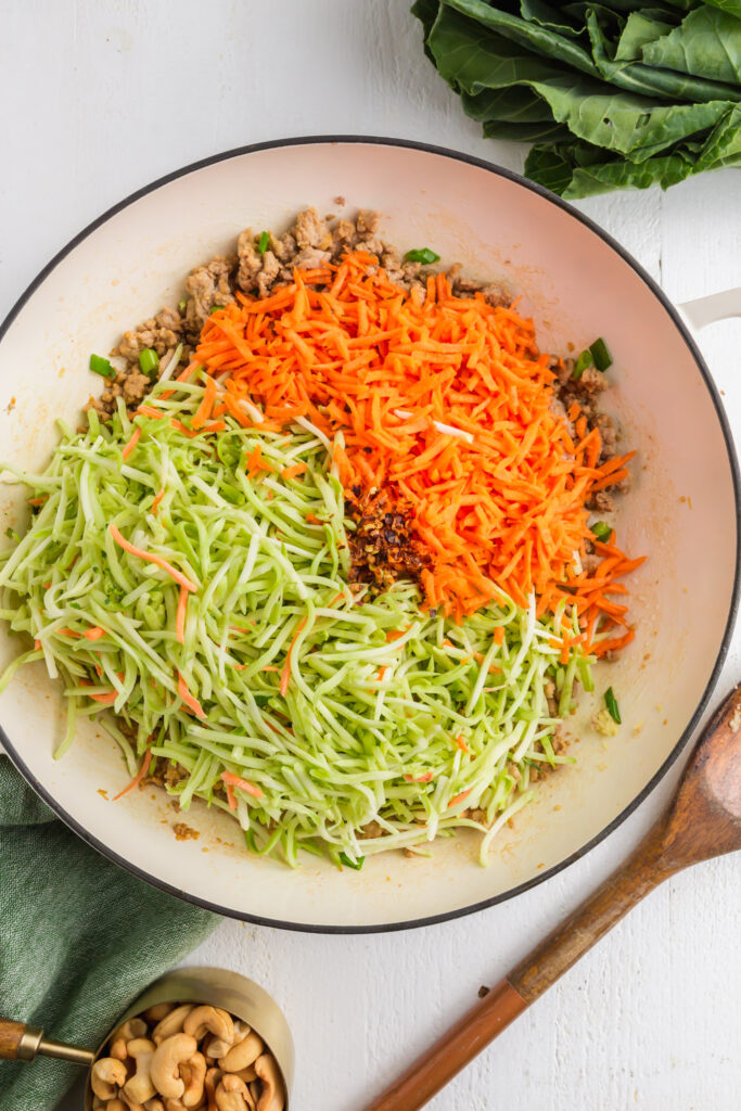 Picture of ground chicken topped with broccoli slaw and shredded carrots