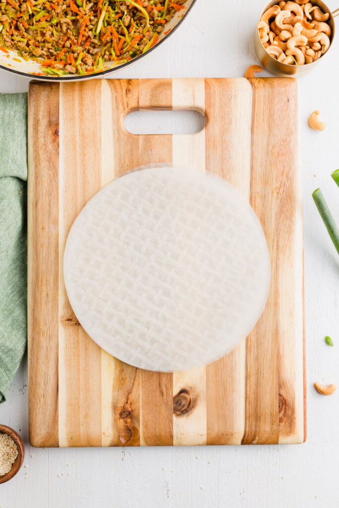 Picture of rice wrappers on cutting board