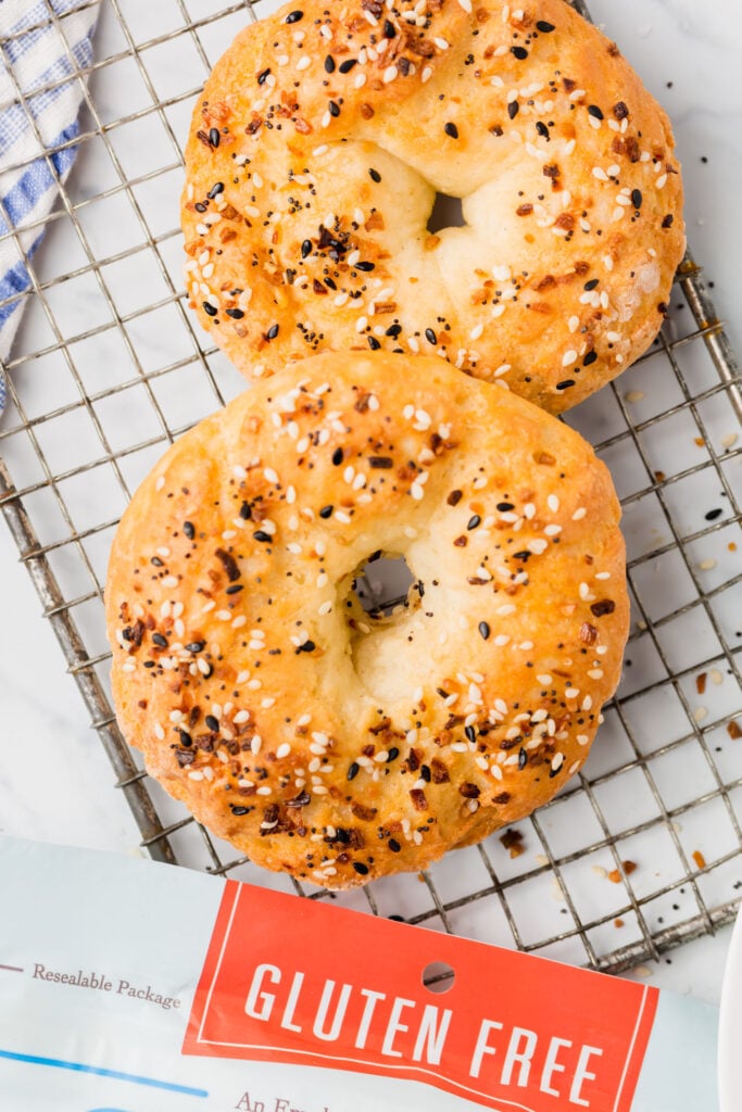 Close up on two baked gluten-free bagels