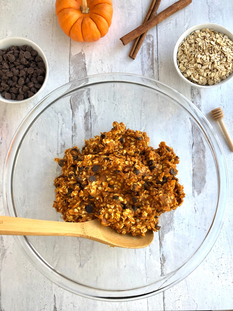 Pumpkin, oats, honey, cinnamon and chocolate chips mixed together in a bowl