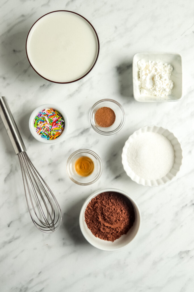 Overhead picture of ingredients used for microwave pudding recipe
