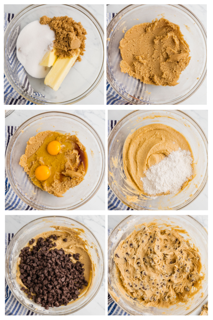 6-step cookie dough making process shot from combining butter and sugars to folding in chocolate chips