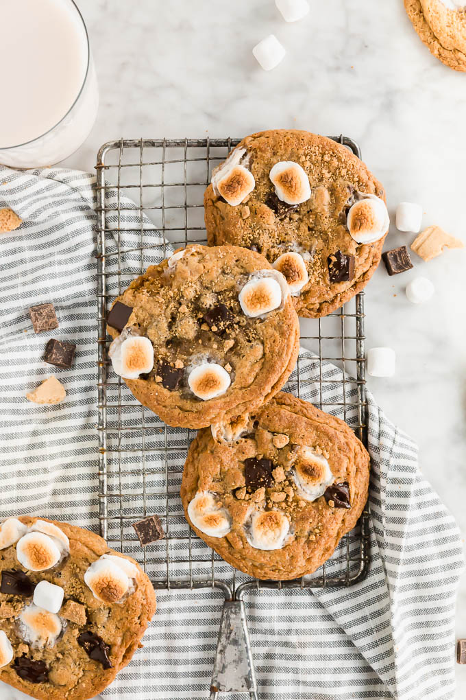 Gluten-free s'mores cookies on a cooling rack
