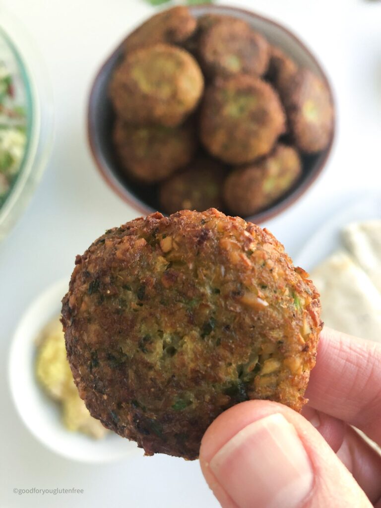 Upclose image of gluten-free falafel ball