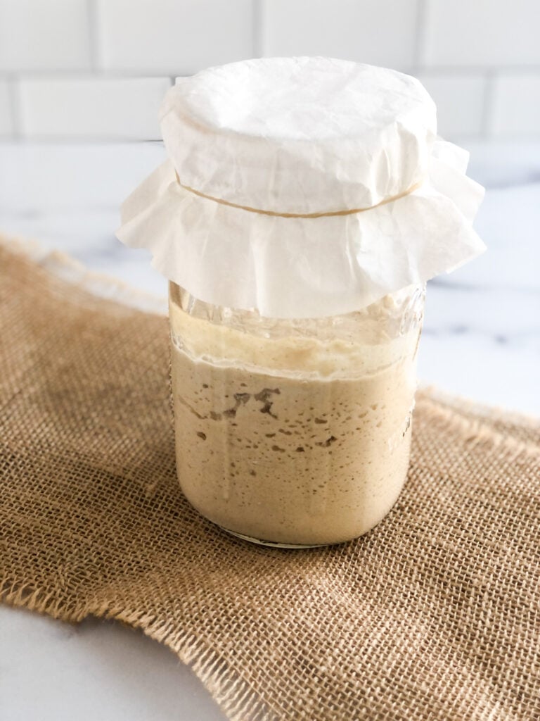 Gluten-free sourdough starter ready for use (inside mason jar)