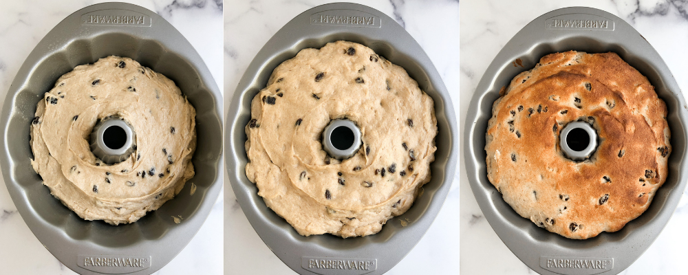 round challah dough rising in bundt pan