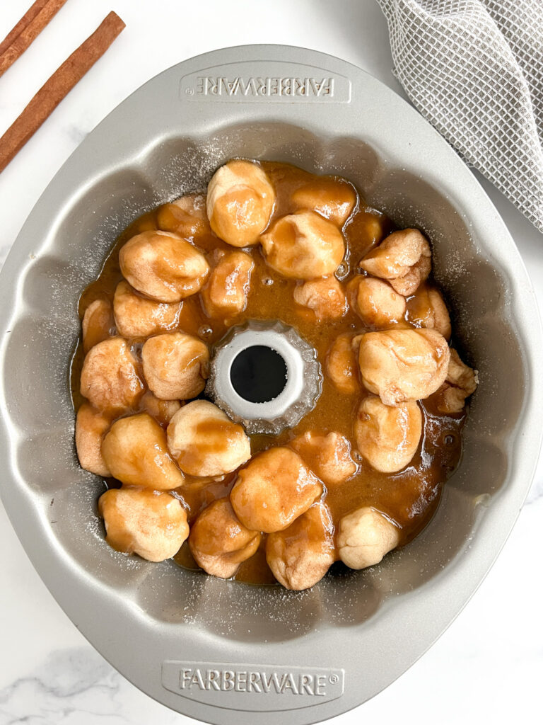 monkey bread coated with caramel topping