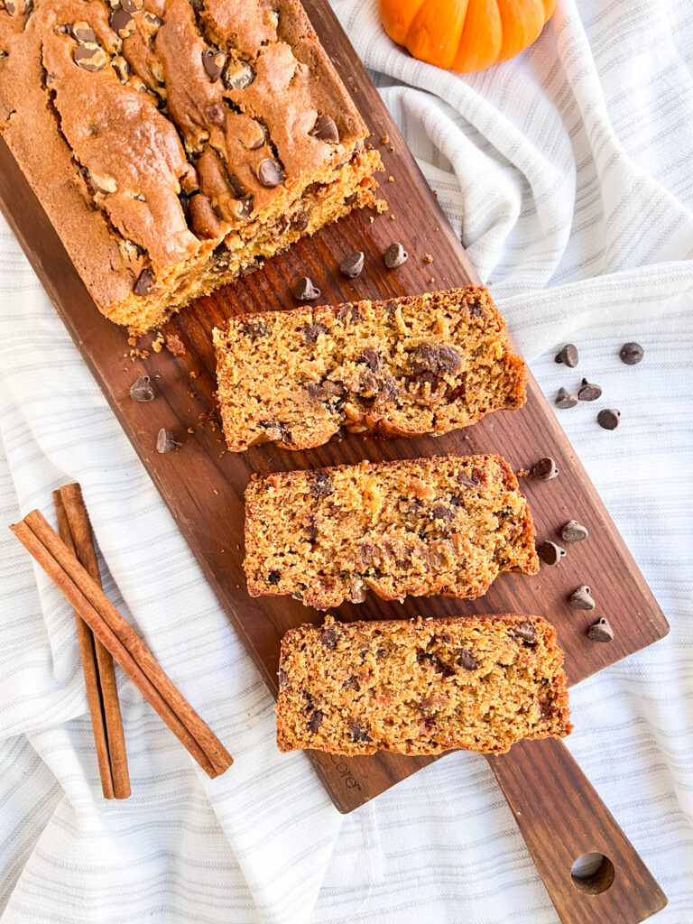 slices of gluten-free chocolate chip pumpkin bread on a tray