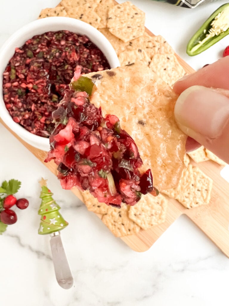 cranberry salsa on cracker