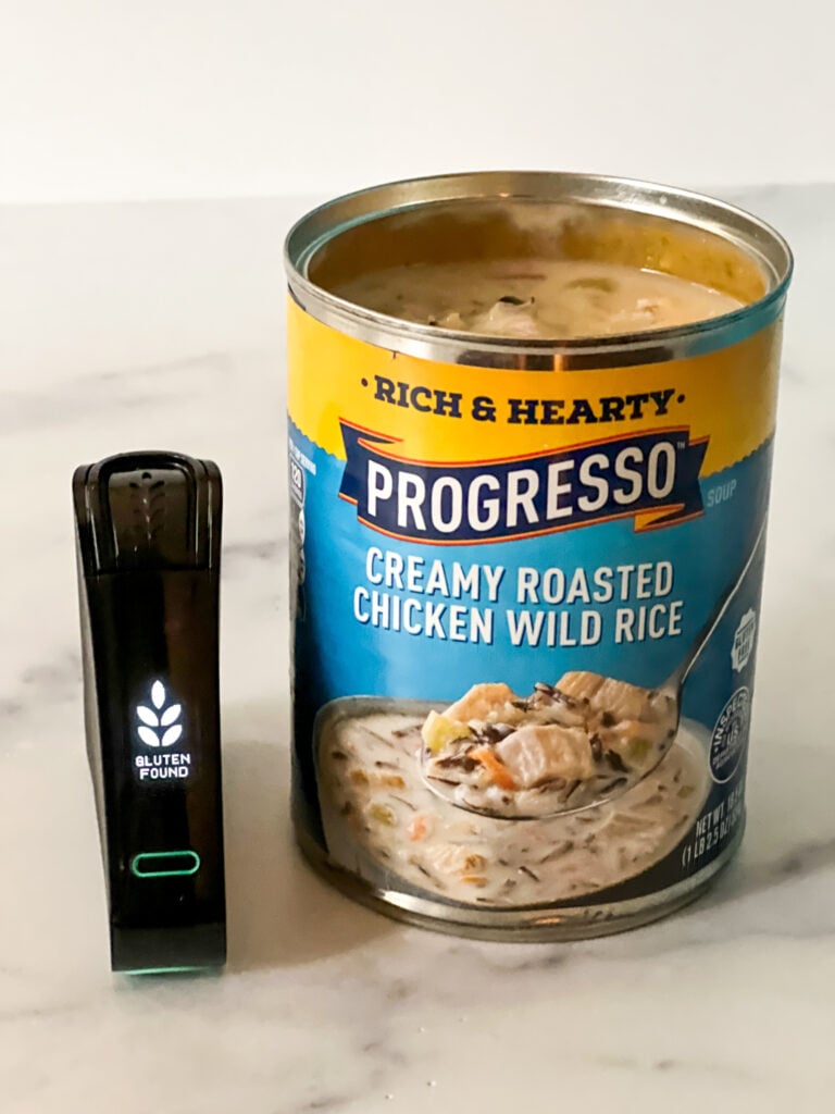 Progresso creamy roasted chicken wild rice soup with "gluten found" message on Nima Sensor
