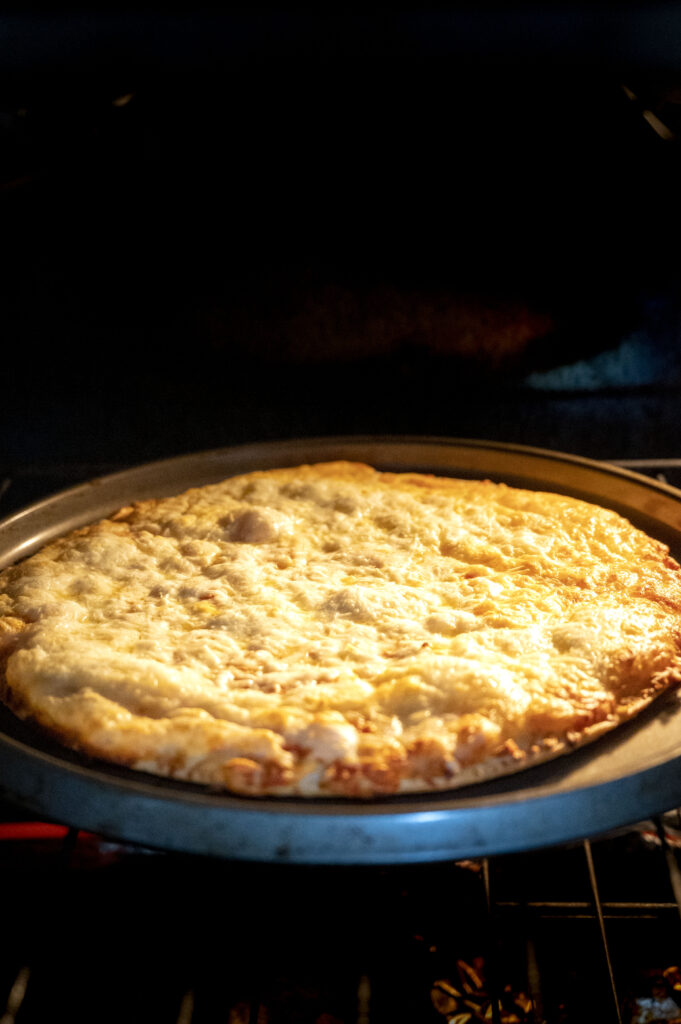 gluten-free freschetta pizza in the oven