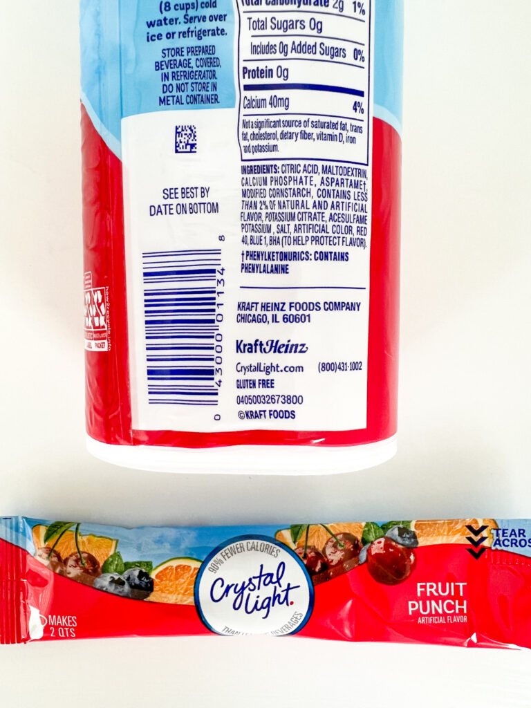 Crystal Light ingredient list and gluten-free label