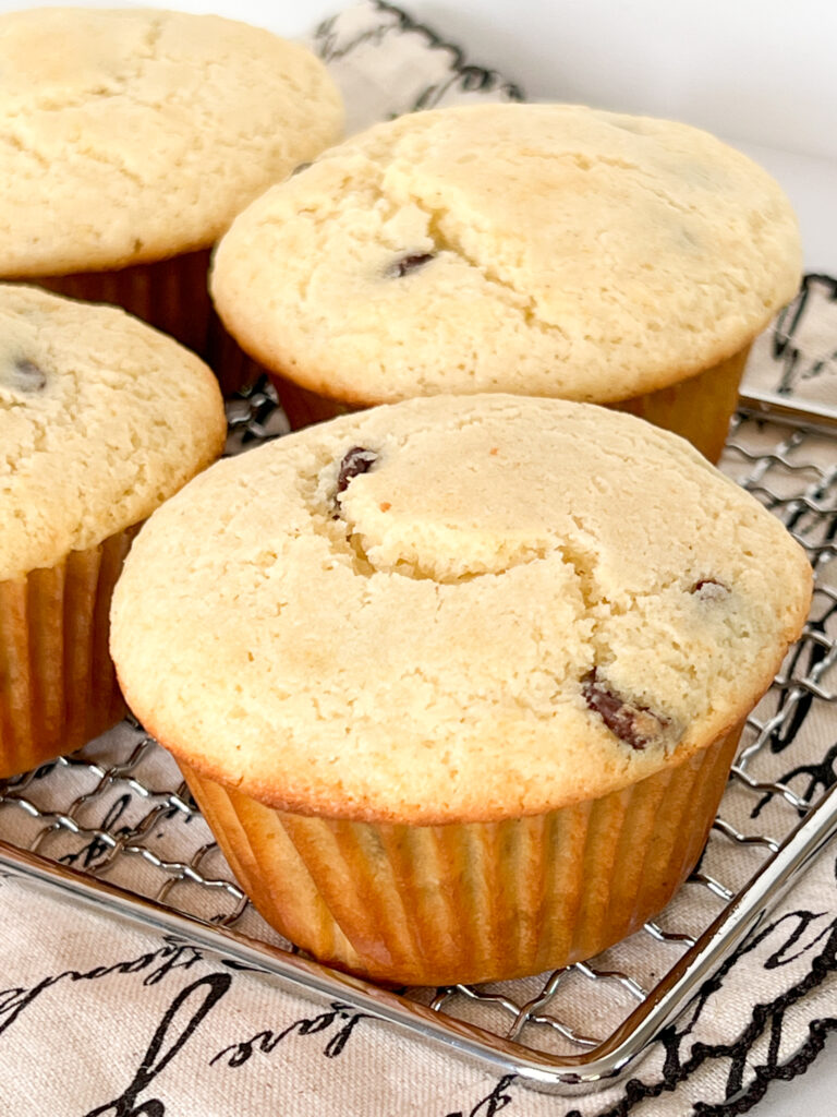 Close up on baked Gluten-Free Chocolate Chip Muffins
