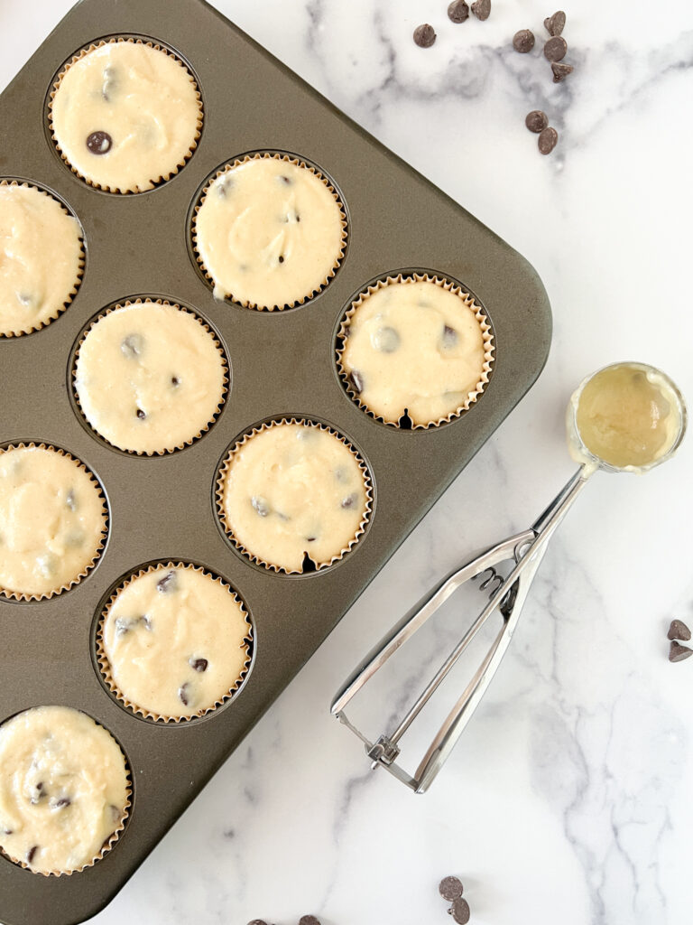 Gluten-Free Chocolate Chip Muffins batter in cupcake tin