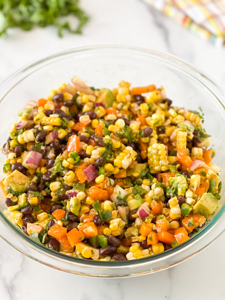 Bowl of black bean and corn salad upclose