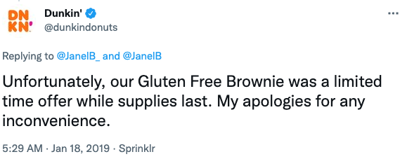 Tweet from Dunkin Donuts about discontinuing gluten-free brownie
