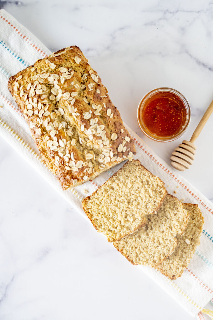 gluten-free oat bread sliced - overhead view