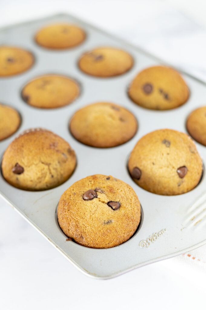 chocolate chip muffins inside a pan