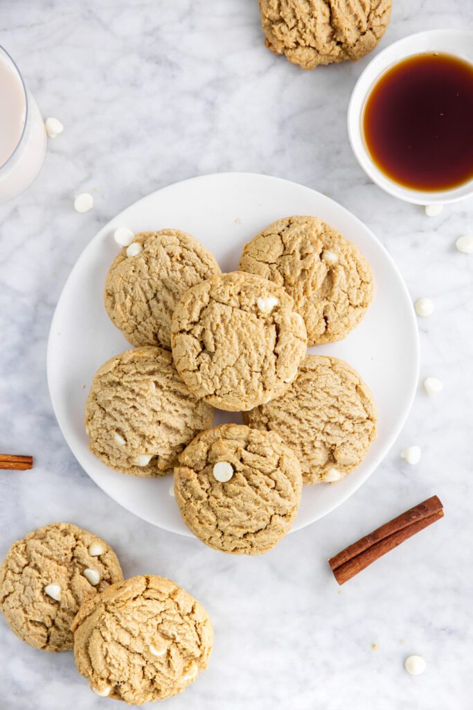 gluten-free maple white chocolate chip cookies on a plate