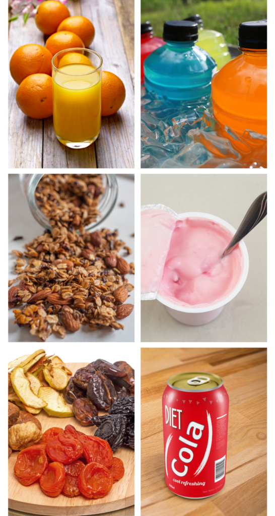 a collage of healthy foods that are bad for you including diet soda, orange juice, granola, etc.