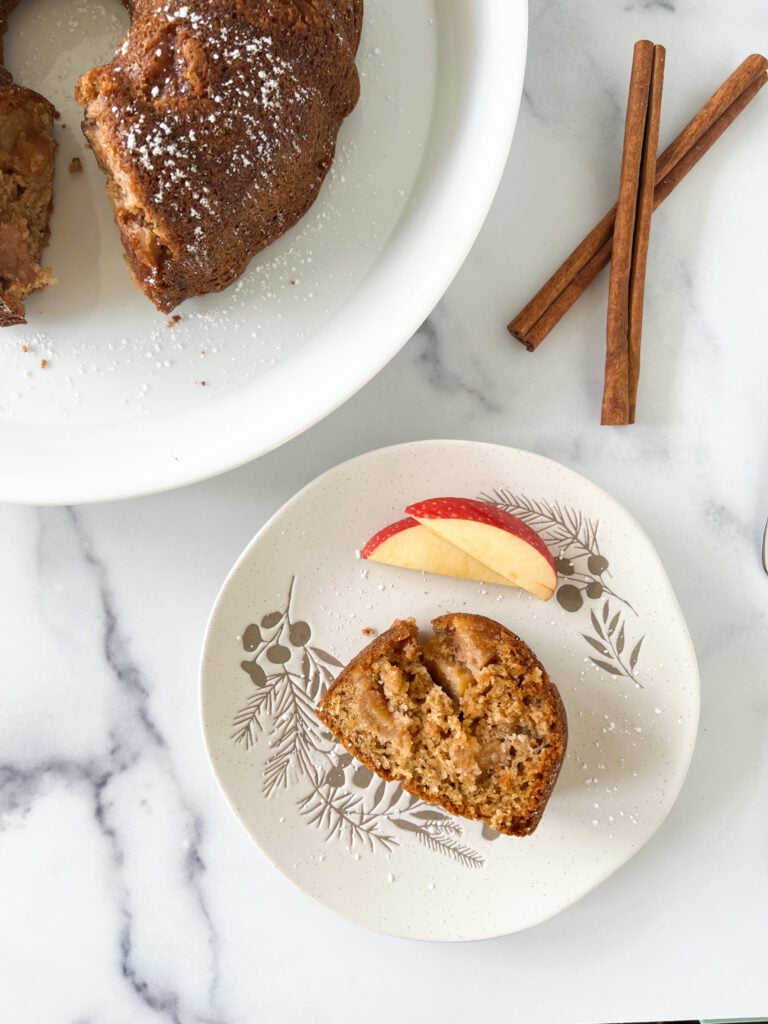 slice of apple cake on a plate.