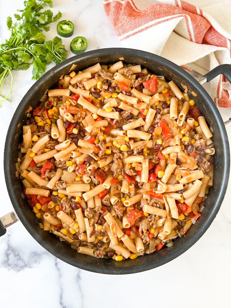 one pot of taco pasta with meat