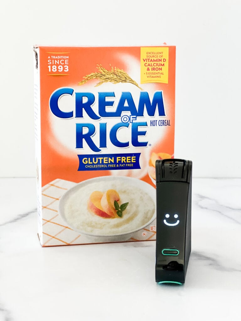 Cream of Rice box with Nima Sensor displaying a smile