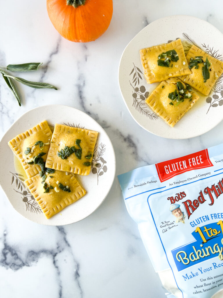 Pumpkin ravioli with bob's red mill gluten-free flour on a table